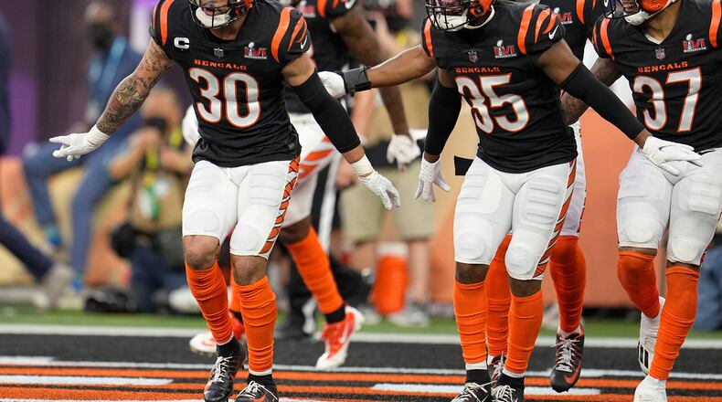 Cincinnati Bengals free safety Jessie Bates III (30) reacts after scoring a touchdown against the Los Angeles Rams during the first half of the NFL Super Bowl 56 football game Sunday, Feb. 13, 2022, in Inglewood, Calif. (AP Photo/Marcio Jose Sanchez)