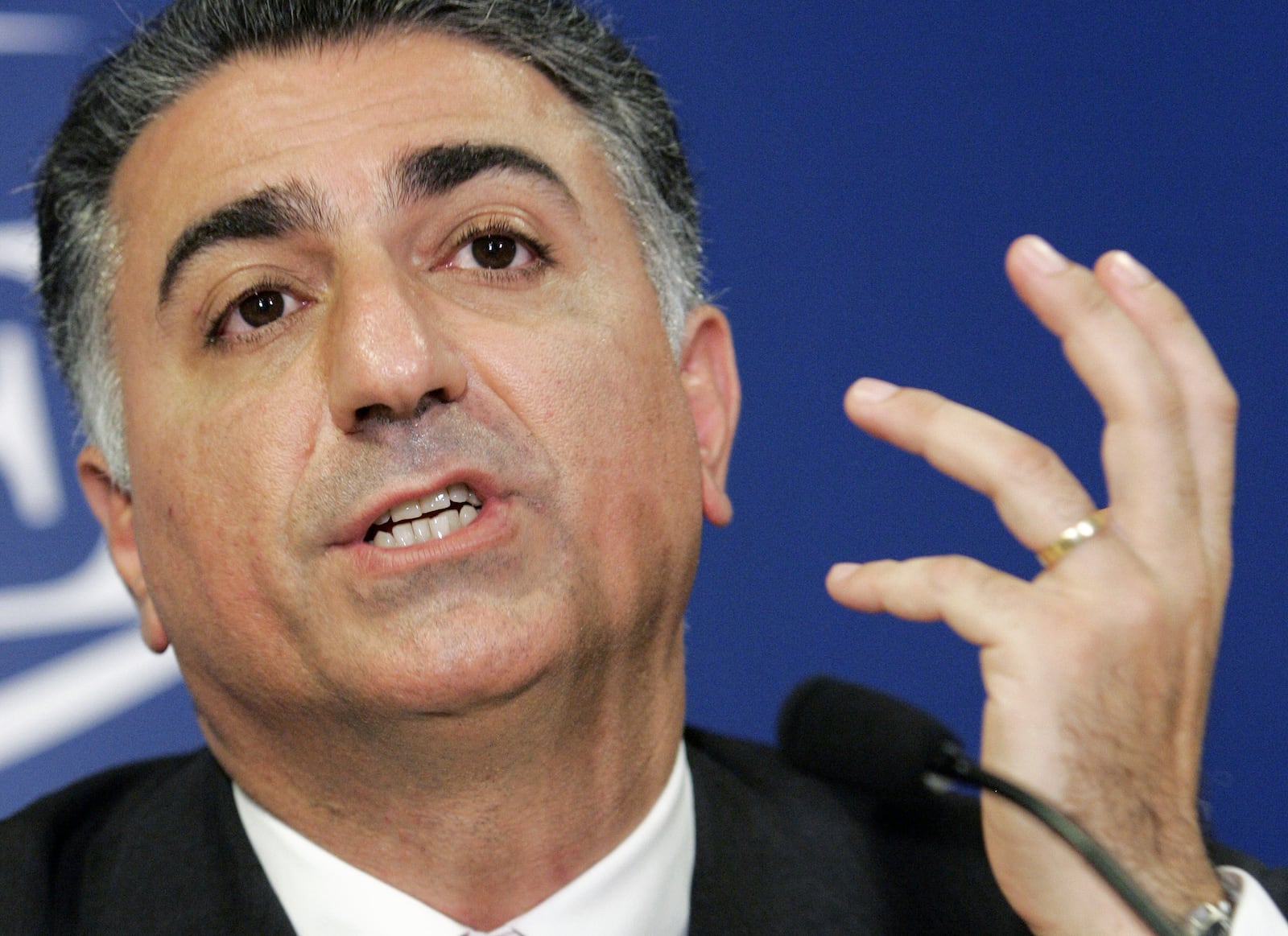 FILE - Reza Pahlavi, the son of Iran's toppled Shah Mohammad Reza Pahlavi, holds a news conference in Paris on June 7, 2006. (AP Photo/Jacques Brinon, File)