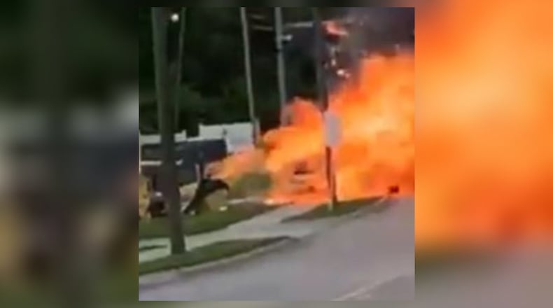 A Middletown man was critically injured Friday afternoon when he crashed his car into Air Products on Yankee Road in Middletown. Police say Brandon Hisey, 22, was driving unsafe speeds in the posted 35 mph zone. The crash sent flames high into the air, according to Fire Chief Paul Lolli. SUBMITTED PHOTO