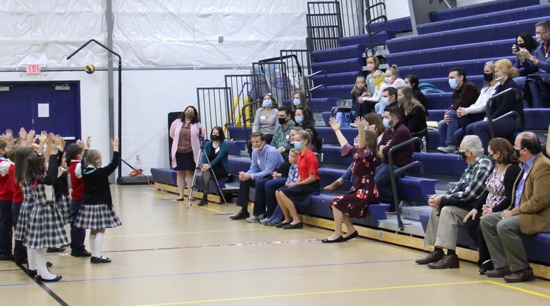 School children at Mason's Mars Academy give an open-house presentation in the school's gym earlier this month. Officials at Mars, and some other area private schools, say they are hearing from more public school parents who express frustration with the lack of in-person classes caused in some districts by the coronavirus. (Provided Photo\Journal-News)