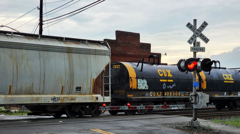 The Ohio Supreme Court decision has Butler County residents feeling trapped by blocked railroad crossings. A CSX freight train had a broken wheel while in transit, forcing it tp stop. Several rail intersections in the downtown Hamilton area were blocked as a result on Wed., July 6, 2022. NICK GRAHAM/STAFF