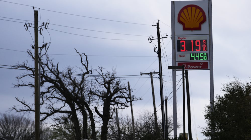 Gas prices are seen on a Shell station marqee Monday, March 9, 2026, in Arlington, Texas. (AP Photo/Julio Cortez)