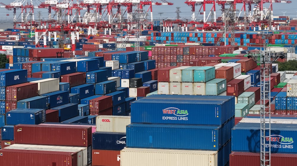 FILE - An aerial view of a container terminal in Shanghai, China, Dec. 8, 2025. (Chinatopix Via AP, File)