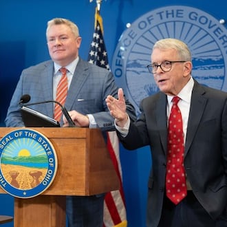 Ohio Governor Mike DeWine joined Ohio Department of Higher Education Chancellor Mike Duffey on Dec. 16, 2025, to announce the results of a recent audit into educator preparation programs at colleges and universities across the state. Photo taken by the governor's office.