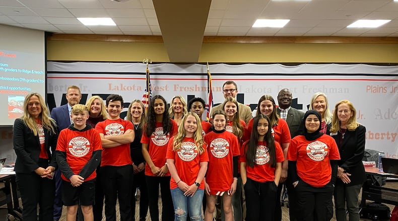 The friendliest welcome for new students at a Lakota school is now a designated “friend.” That’s the philosophy behind the first-year Lakota Ridge Junior School’s “ambassadors” program started in the fall by matching up transfer students – or those moving into the West Chester Twp. school system with their families – with a designated companion classmate. Some of the participants spoke at a recent Lakota Board of Education meeting and posed with members. (Contributed Photo\Journal-News)