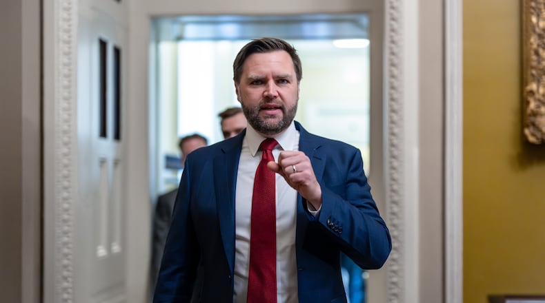 Vice President JD Vance arrives to speak with reporters after emerging from a closed-door meeting with Senate Republicans at the Capitol in Washington, Tuesday, Oct. 28, 2025. (AP Photo/J. Scott Applewhite)