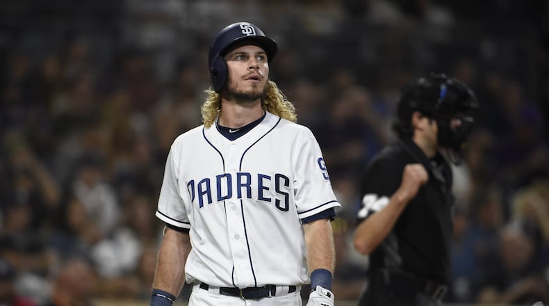 SAN DIEGO, CA - AUGUST 30: Travis Jankowski #16 of the San Diego Padres walks aways after being called out on strikes in the eighth inning against the Colorado Rockies at PETCO Park on August 30, 2018 in San Diego, California. (Photo by Denis Poroy/Getty Images)