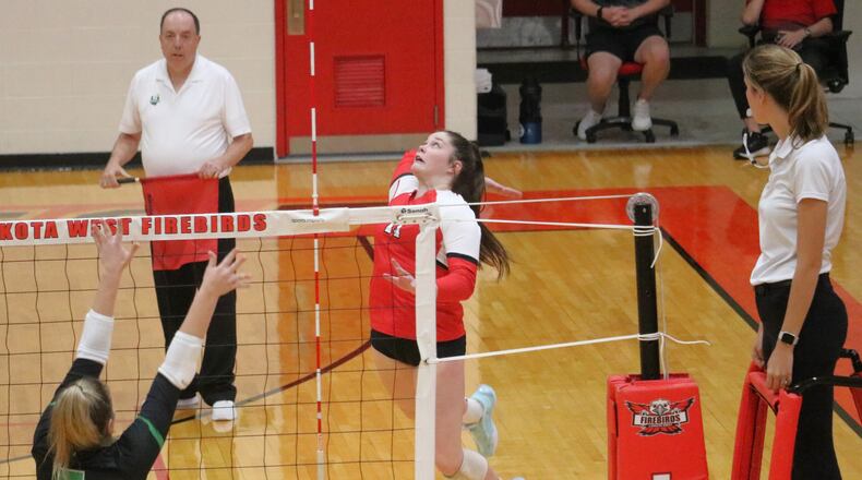 Fairfield’s Kennedy Ostendorf goes up for the kill during a tournament game against Seton last season. MARK BRAAM / CONTRIBUTED