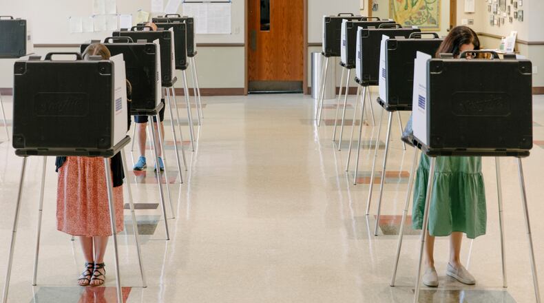 Voters at the Knox Presbyterian Church in Cincinnati on Aug. 8, 2023. For months, it was clear to most Ohioans that Issue 1, advertised as a measure to safeguard the State Constitution from wealthy out-of-state interests, was primarily about blocking an abortion-rights amendment that will be on the November ballot. (Madeleine Hordinski/The New York Times)