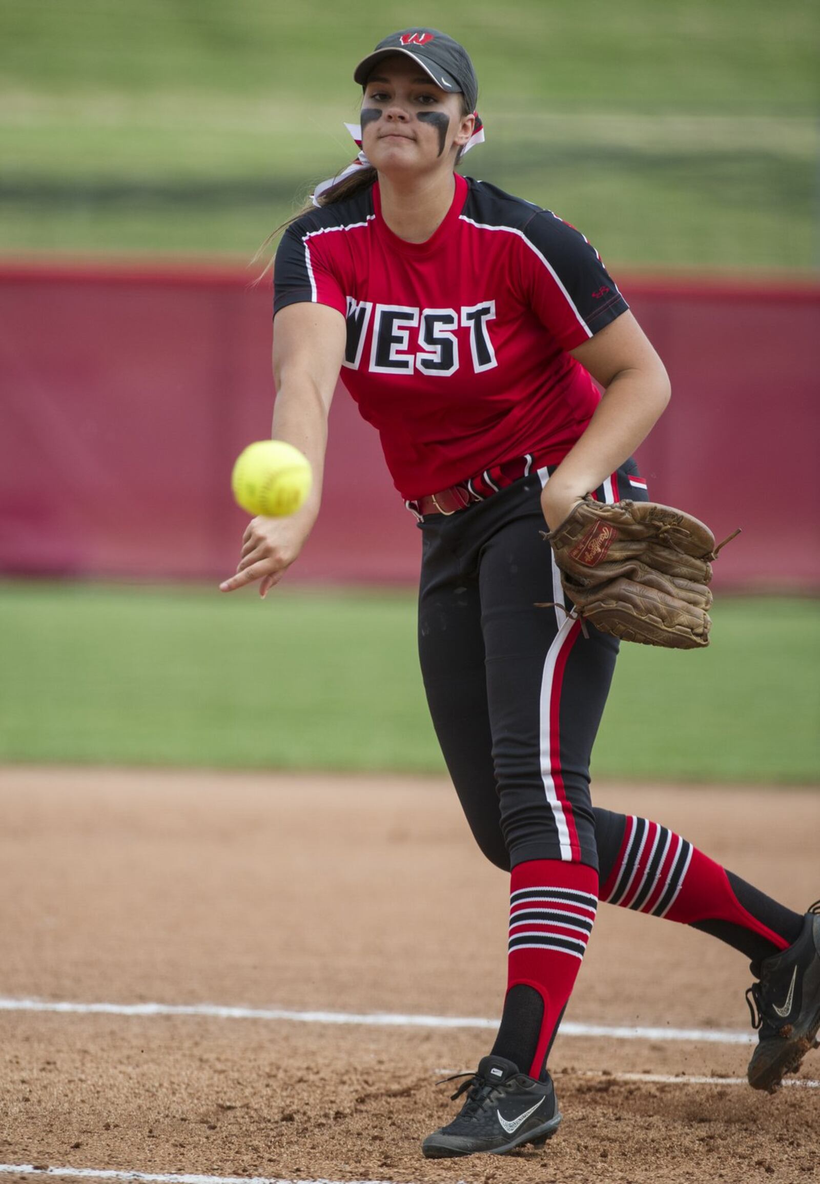 Lakota West’s Stephanie Maldonado delivers a pitch during Thursday’s 2-1, eight-inning victory over Perrysburg in a Division I state semifinal at Firestone Stadium in Akron. PHIL LONG/OHIO PRESS PHOTO SYSTEM