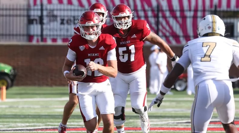 Miami University quarterback Henry Hesson runs the ball during their game against Lindenwood University on Saturday, Sept. 27 at Yager Stadium in Oxford. The RedHawks won 38-0. JEFFREY SABO / CONTRIBUTED PHOTO