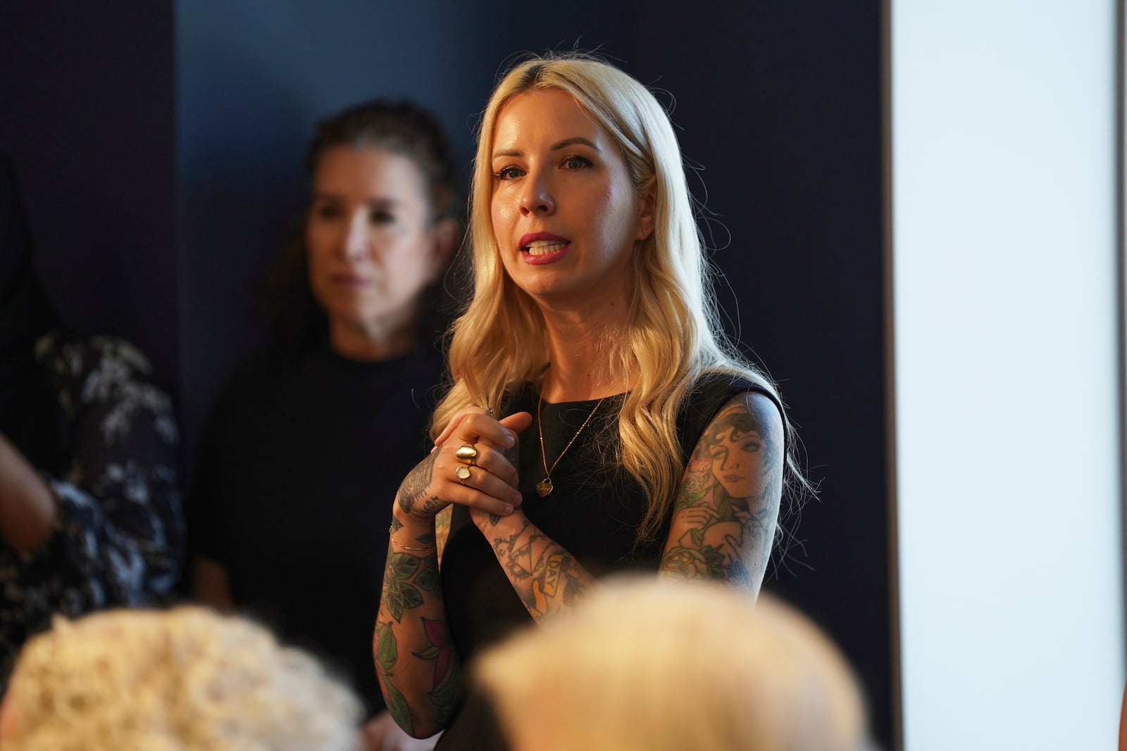Hannah Shaw, kitten rescuer and advocate / founder of Kitten Lady speaks on Wednesday, June 4, 2025, at the Associated Press bureau in New York. (AP Photo/Mary Conlon)