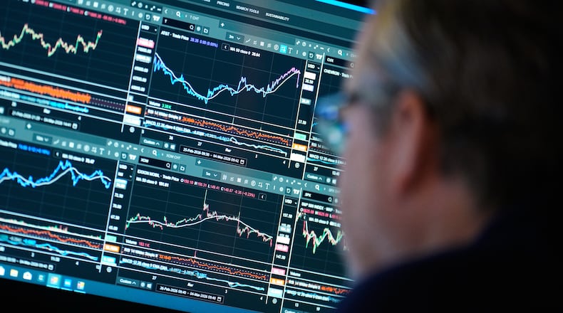 Financial information is displayed on the floor at the New York Stock Exchange in New York, Wednesday, March 4, 2026. (AP Photo/Seth Wenig)
