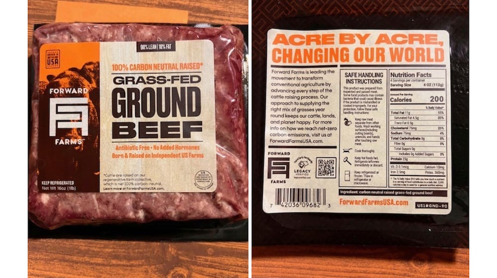 This combination of photos provided by the U.S. Department of Agriculture in December 2025 shows a 16-ounce package of Forward Farms Grass-Fed Ground Beef produced by Mountain West Food Group. (USDA via AP)