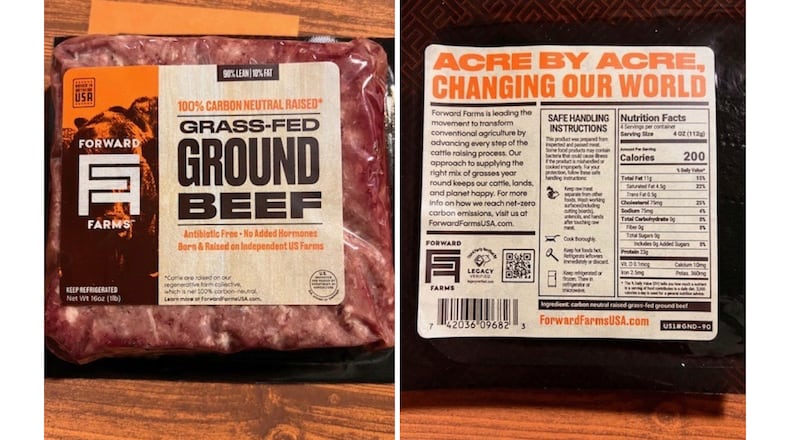 This combination of photos provided by the U.S. Department of Agriculture in December 2025 shows a 16-ounce package of Forward Farms Grass-Fed Ground Beef produced by Mountain West Food Group. (USDA via AP)