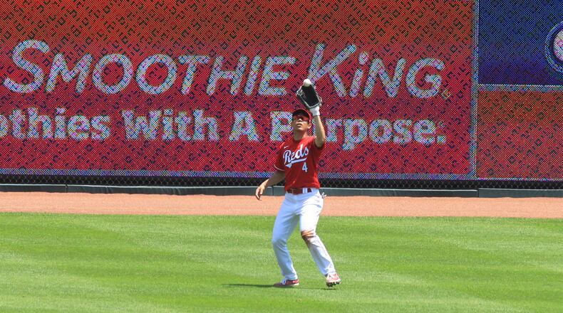 Reds left fielder Shogo Akiyama makes a catch against the Tigers on Sunday, July 26, 2020, at Great American Ball Park in Cincinnati. David Jablonski/Staff
