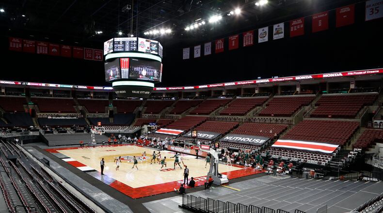 Cleveland State plays against Ohio State during the first half of an NCAA college basketball game with no fans in the stands at Value City Arena Sunday, Dec. 13, 2020, in Columbus, Ohio. (AP Photo/Jay LaPrete)