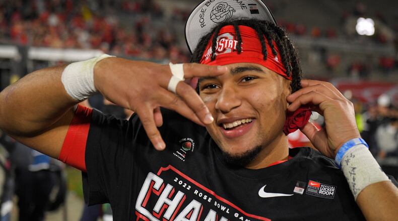 Ohio State quarterback C.J. Stroud celebrates after defeating Utah during the Rose Bowl NCAA college football game Saturday, Jan. 1, 2022, in Pasadena, Calif. (AP Photo/Mark J. Terrill