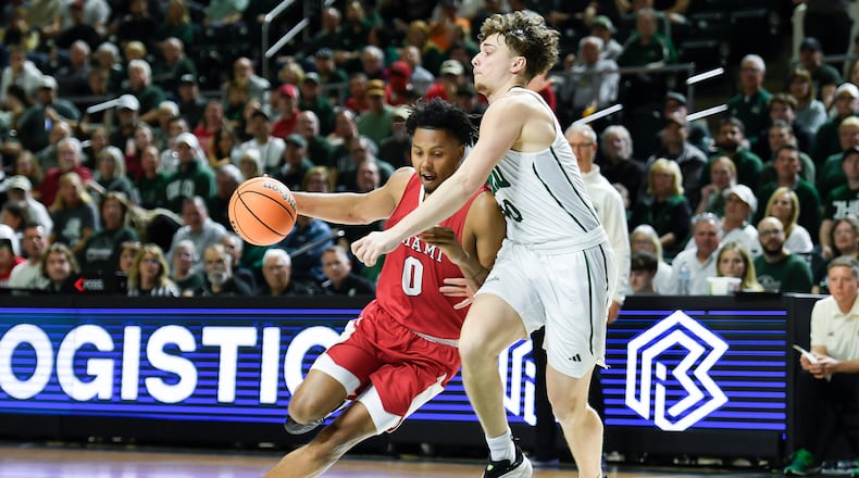Miami (Ohio) wing Eian Elmer (0) drives past Ohio forward Aidan Hadaway (10) during the first half of an NCAA college basketball game, Friday, March 6, 2026, in Athens, Ohio. (AP Photo/HG Biggs)