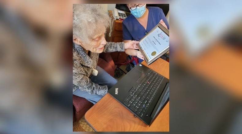 Chesterwood Village assisted living resident Kay Matson was surprised last week by a Zoom internet teleconference from members of the Mayflower Society and her family with the news she is a direct descendant from a passenger of the pilgrims ship the Mayflower.(Provided Photo/Journal-News)