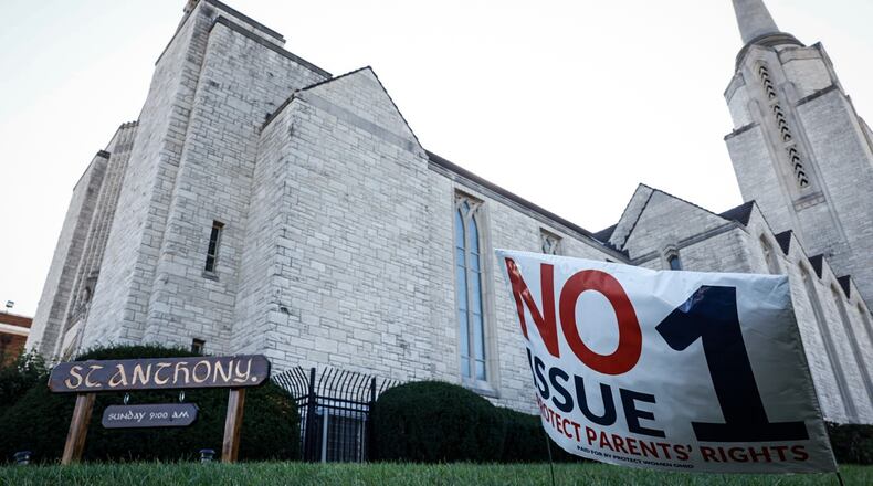St. Anthony's Catholic Church on Bowen Street in East Dayton has "vote no" on Issue 1 -- a ballot initiative that would enshrine the right to abortion in Ohio's constitution -- signs on the church lawn. JIM NOELKER/STAFF
