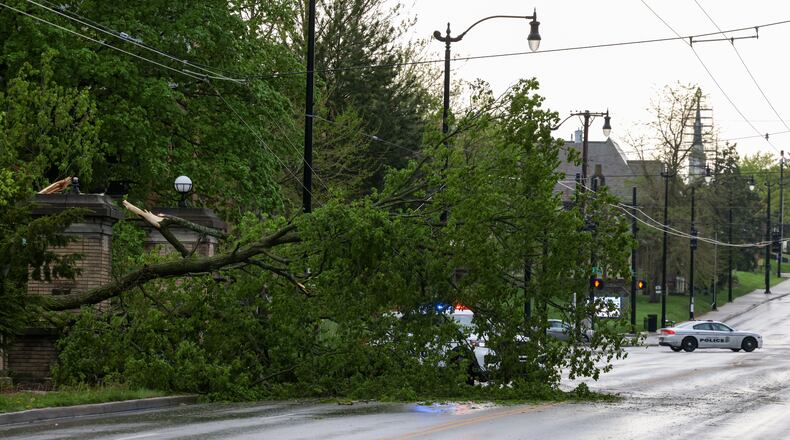 The southbound lanes and one northbound lane on Salem Avenue near Yale Avenue are blocked due to a tree that fell during a thunderstorm on Tuesday afternoon, April 29, 2025. BRYANT BILLING / STAFF
