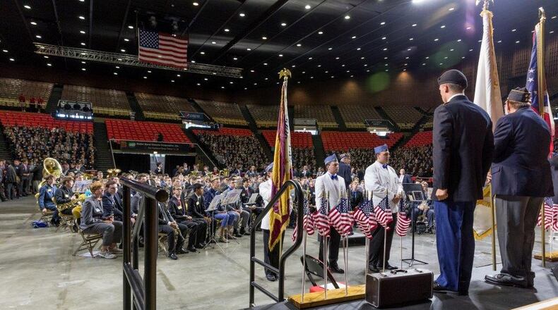 Thousands of members of the American Legion’s Buckeye Boys State Summer Camp packed into Miami University’s Millet Hall this week for opening ceremonies for the annual gathering. It’s the first year for the camp, which is one of the largest in Ohio, at the Miami University main campus location. MICHAEL D. CLARK/STAFF