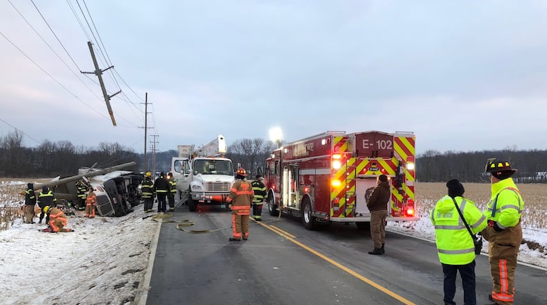 Ross Twp. fire chief said semi truck driver is lucky to be alive after tipping off U.S. 27 into a deep ditch Wednesday evening and splitting a utility pole in half.