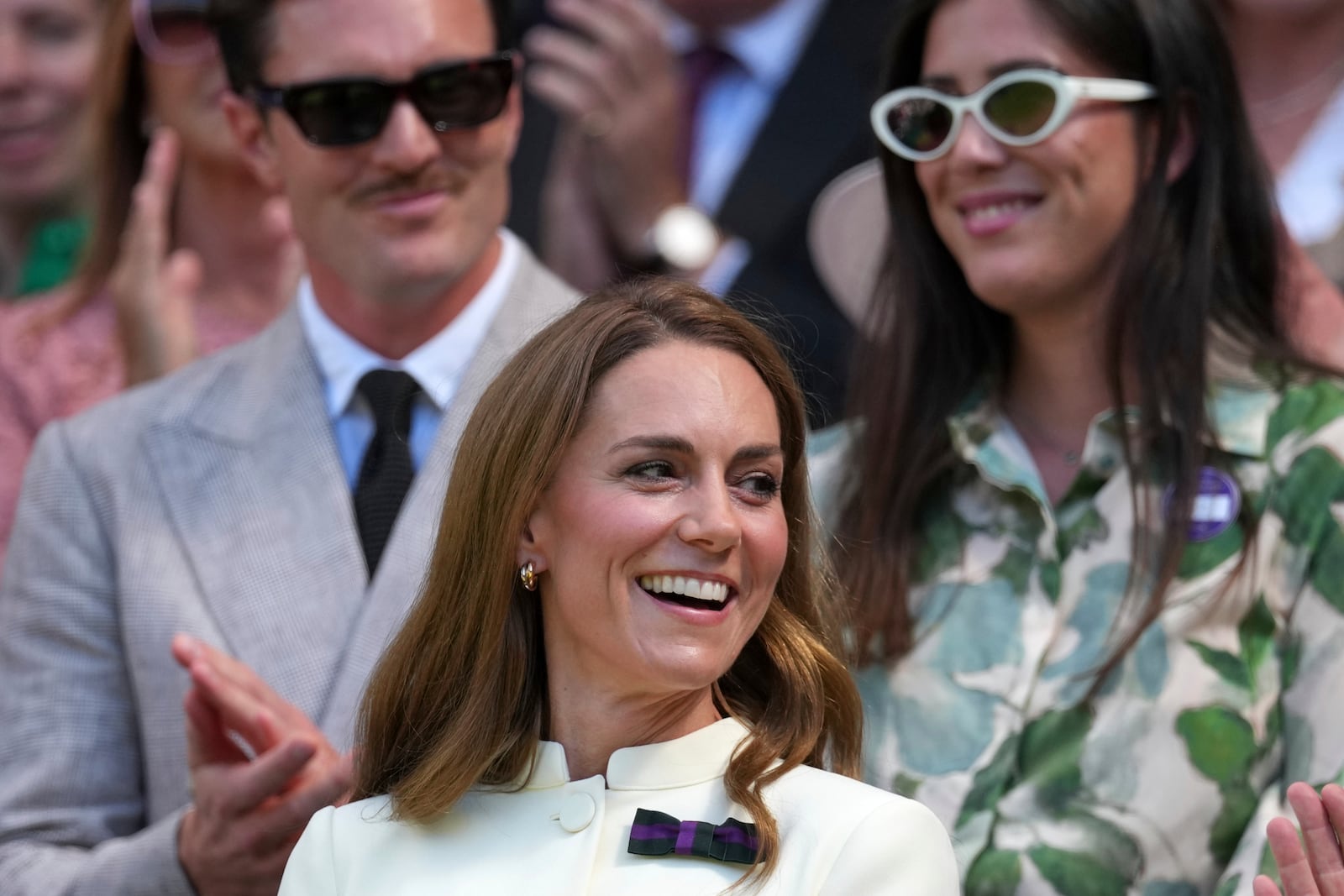 Britain's Kate, Princess of Wales smiles as she sits in the Royal Box on Centre Court ahead of the women's singles final at the Wimbledon Tennis Championships in London, Saturday, July 12, 2025. (AP Photo/Dave Shopland)