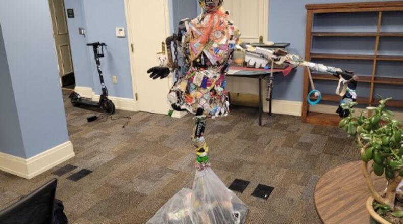 A sculpture by Miami University art student Brian Vogt consists of a year-long collection of litter found throughout Miami University’s campus. Titled “The Student Body,” Vogt says he hopes his creation helps address awareness on the issue of littering. CONTRIBUTED