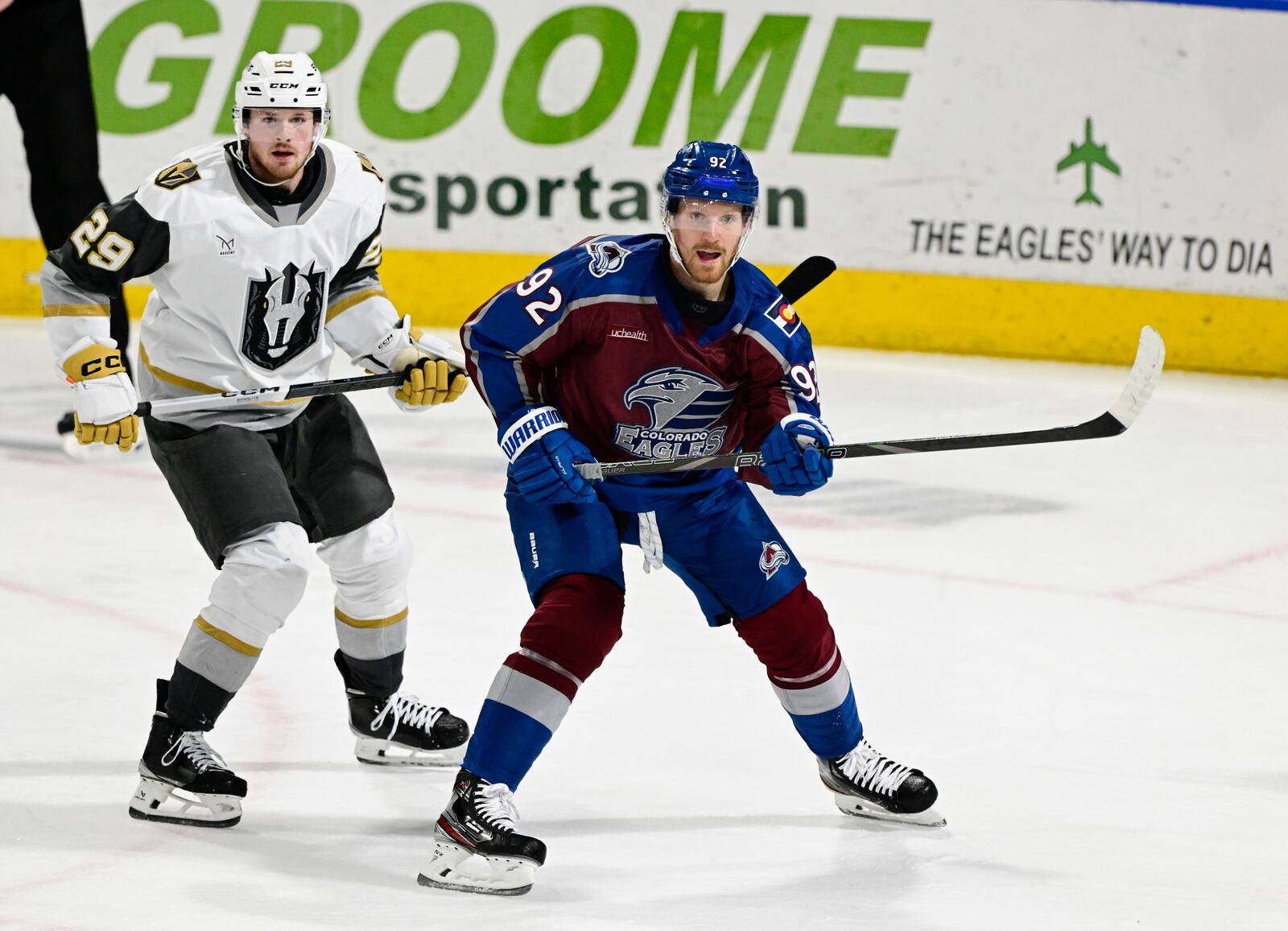 Colorado Eagles forward Gabriel Landeskog, right, is trailed by Henderson Silver Knights defenseman Lucas Johansen in the second period of a minor league hockey game Friday, April 11, 2025, in Loveland, Colo. (Andy Cross/The Denver Post via AP)