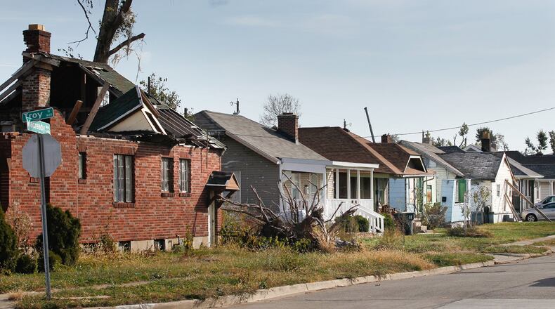 Many houses and apartments in Old North Dayton were destroyed or damaged in the EF4 tornado, including along Macready Avenue, pictured, and on nearby Kelly Avenue. CHRIS STEWART / STAFF