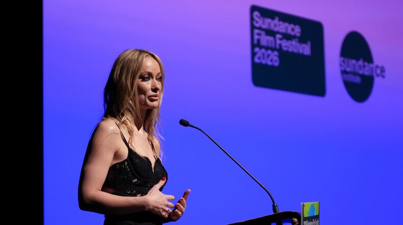 Director Olivia Wilde speaks during the premiere of "The Invite" during the Sundance Film Festival on Saturday, Jan. 24, 2026, at Eccles Center in Park City, Utah. (AP Photo/Chris Pizzello)