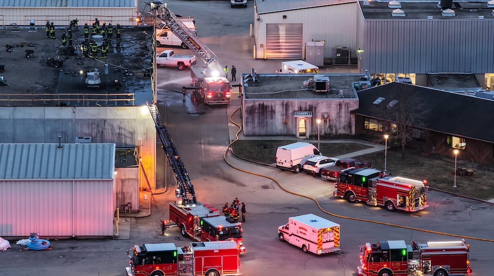 Emergency crews from multiple departments responded to a fire at a water treatment facility at 2451 River Road in Hamilton just off Conservation Way, Wednesday, Jan. 21, 2026. NICK GRAHAM/STAFF