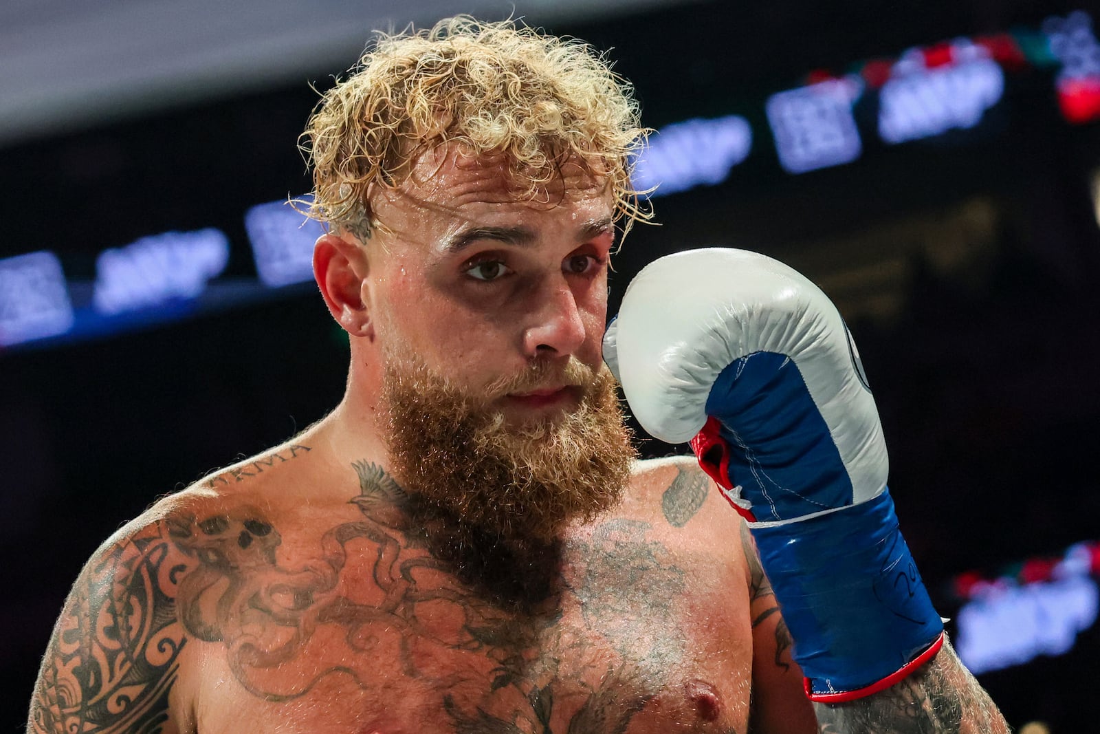 Jake Paul reacts during his cruiserweight boxing match against Julio Cesar Chavez Jr. on Saturday, June 28, 2025, in Anaheim, Calif. (AP Photo/Etienne Laurent)