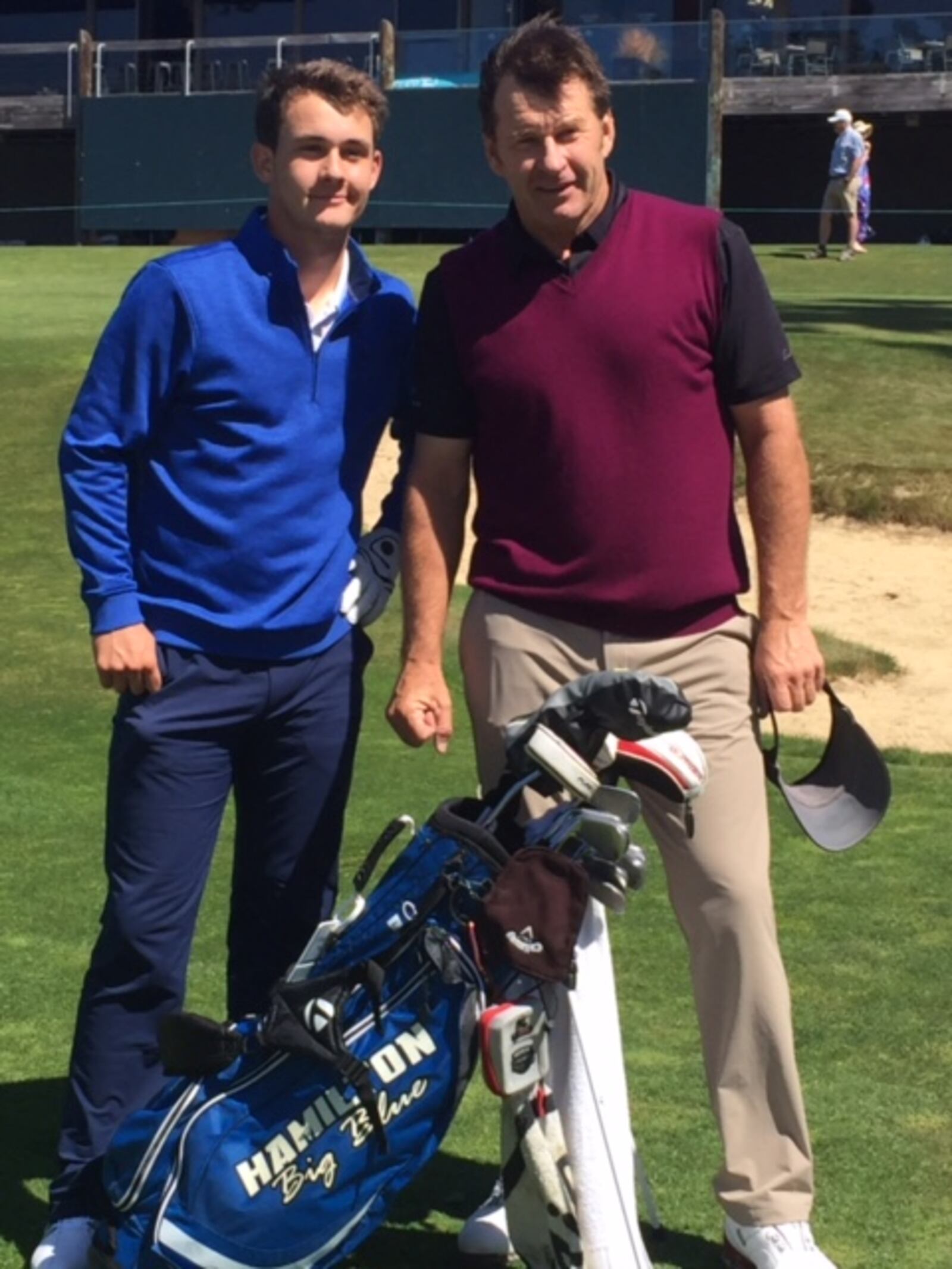Trace Thomas (left) poses with Sir Nick Faldo at the PGA Champions Tour PURE Insurance Championship last month in California. SUBMITTED PHOTO
