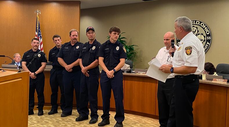 A Fairfield EMS crew was honored at the August 8, 2022, City Council meeting for their efforts and saving a two year olds life who is choking on a grape. A doctor at the Children’s Hospital in Liberty Twp. told Fairfield fire executive officers that this crew is responsible for saving this child’s life. MICHAEL D. PITMAN/STAFF