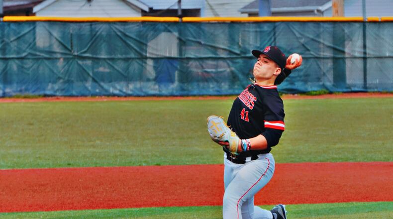 Miami University Hamilton pitcher Carson Dyer (41) prepares to send a pitch to the plate against rival Miami-Middletown on Sunday at Foundation Field. Chris Vogt/CONTRIBUTED PHOTO