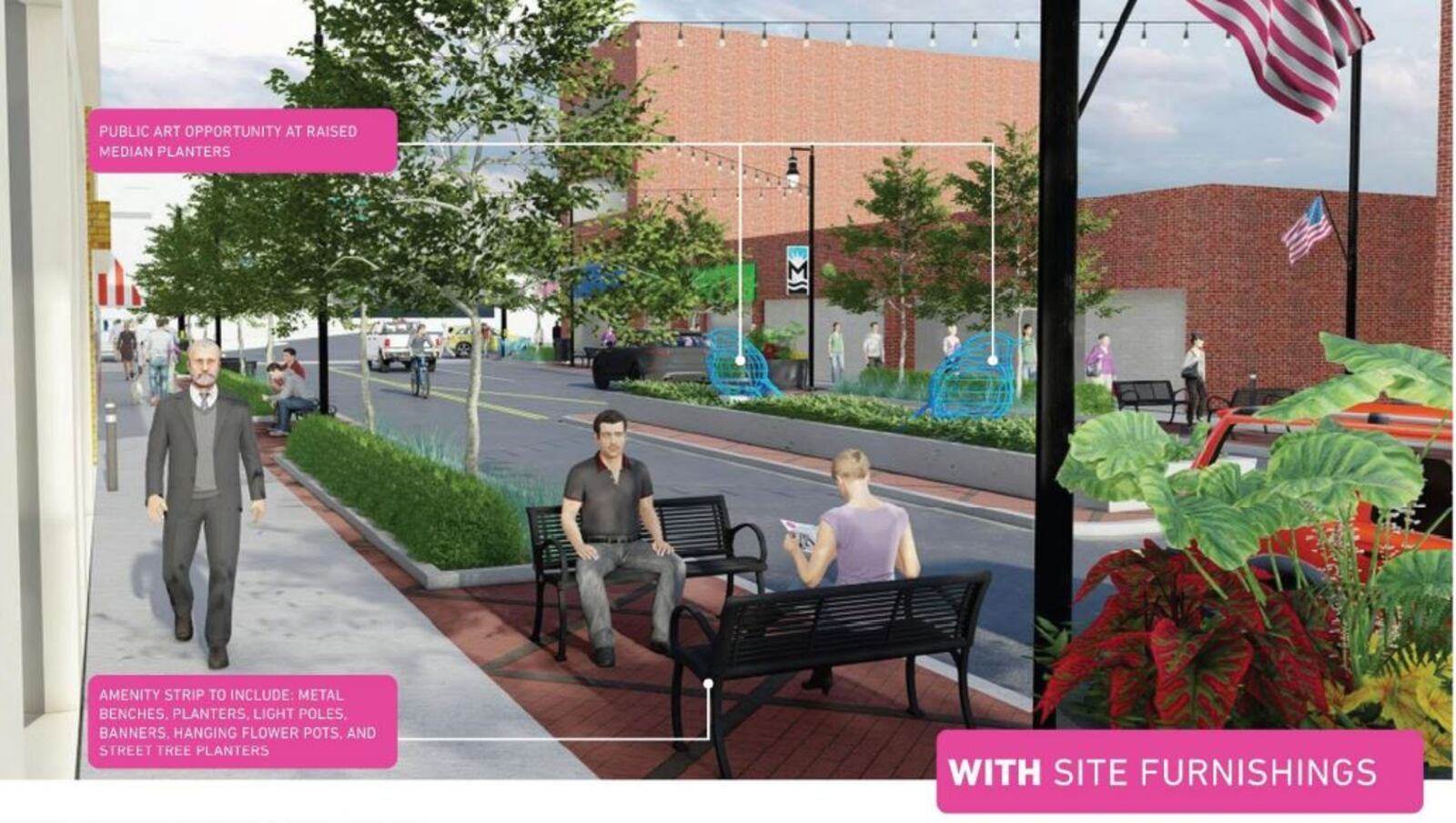 This is an artist drawing showing Central Avenue, looking to the west. The city is planning on improving the downtown road in 2022 with red brick pavers, park benches, bike racks and street lights. SUBMITTED