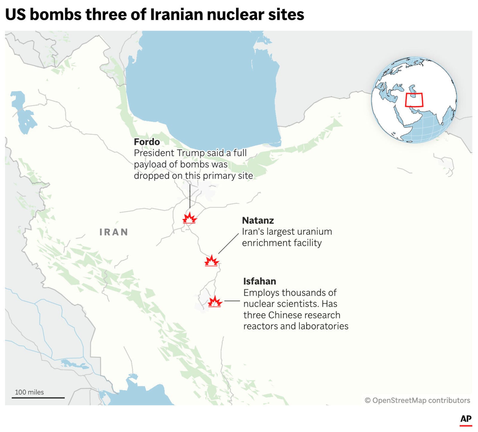 The map above locates the three Iranian nuclear facilities that were bombed by the U.S. on June 21. (AP Graphic)