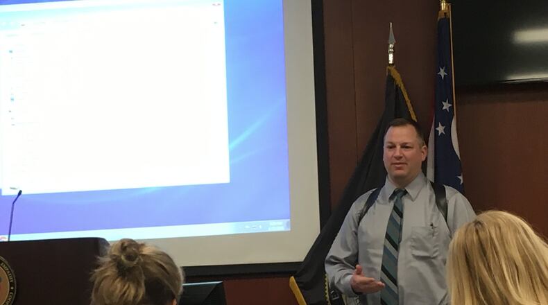 Hamilton Detective Jon Habig talks to the department’s Citizens Police Academy on Jan. 30 at police headquarters on Front Street. LAUREN PACK/STAFF