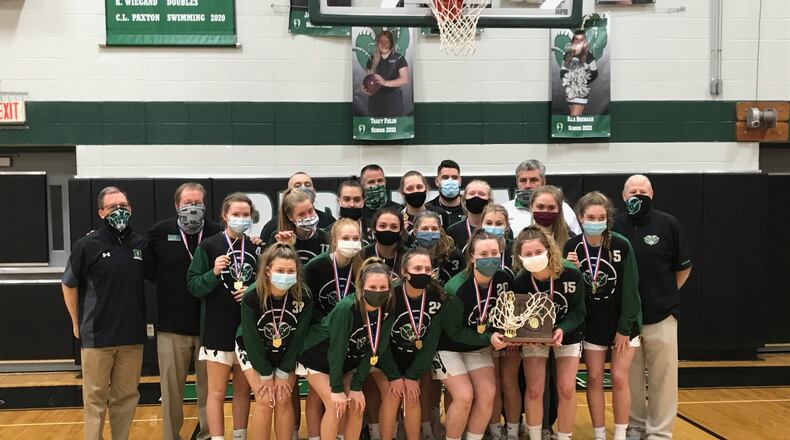The Badin High School girls basketball team with their Division II district championship trophy. The Rams faced Columbus Bishop Hartley on Tuesday in the regional semifinals. CONTRIBUTED