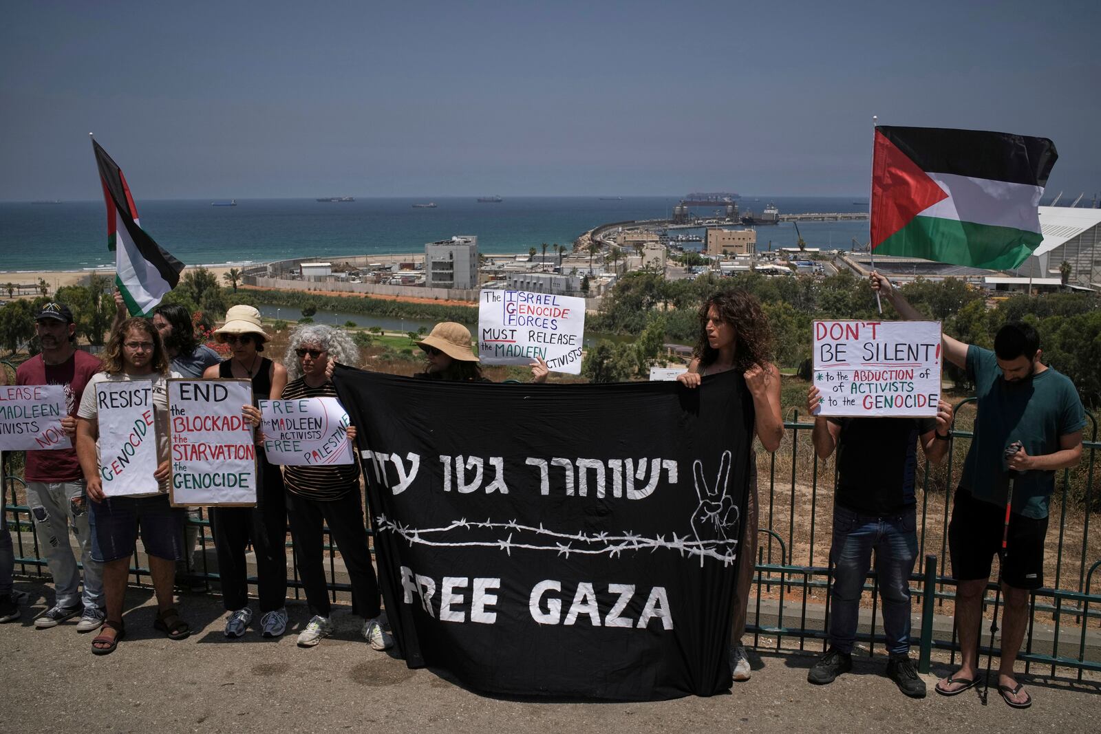 People wave the Palestinian flag and hold signs in support of Greta Thunberg and other activists who tried to deliver aid to Gaza before their ship was seized and they were detained by Israeli forces, near the port of Ashdod, Israel, Monday, June 9, 2025. (AP Photo/Leo Correa)