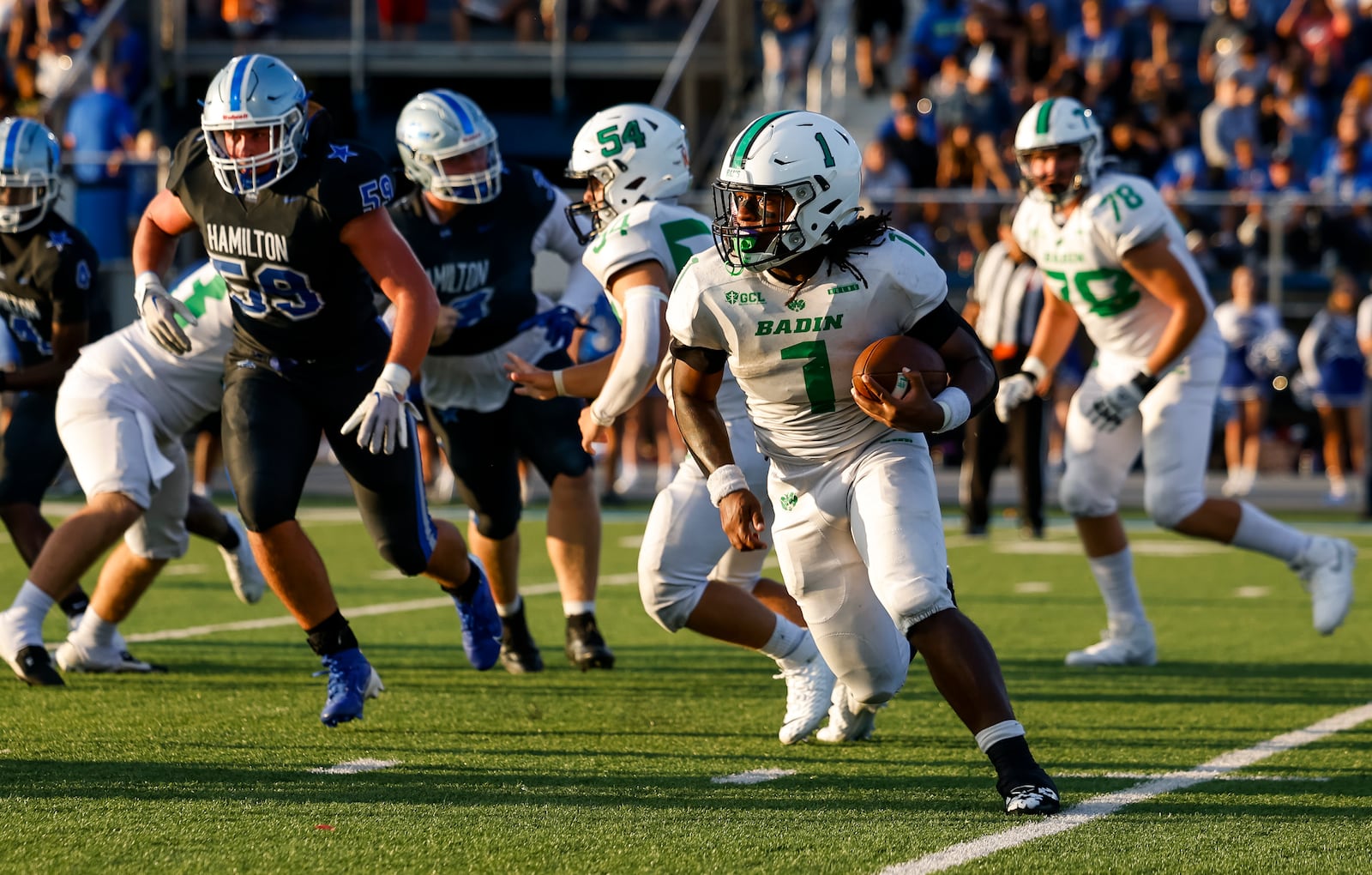 Badin's Lem Grayson carries the ball on week one of high school football against Hamilton Friday, Aug. 22, 2025 at Virgil M. Schwarm Stadium in Hamilton. Badin won 38-20. NICK GRAHAM/STAFF