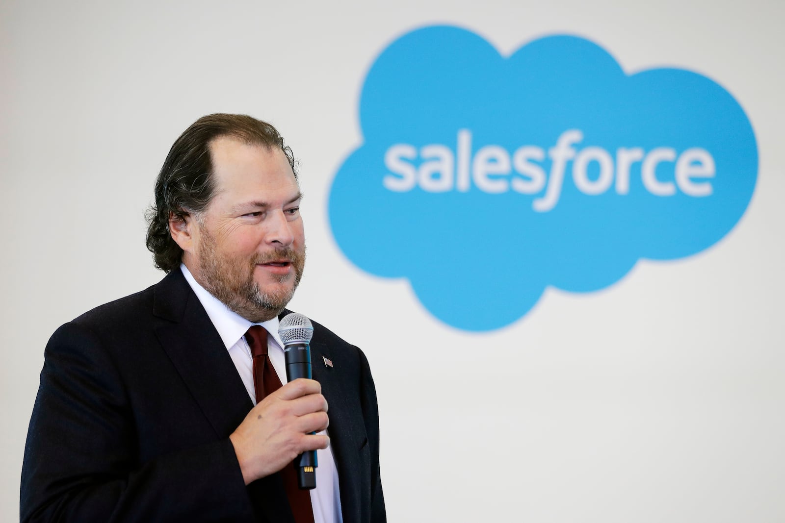 FILE - In this May 16, 2019, file photo, Salesforce chairman Marc Benioff speaks during a news conference, in Indianapolis. (AP Photo/Darron Cummings, File)
