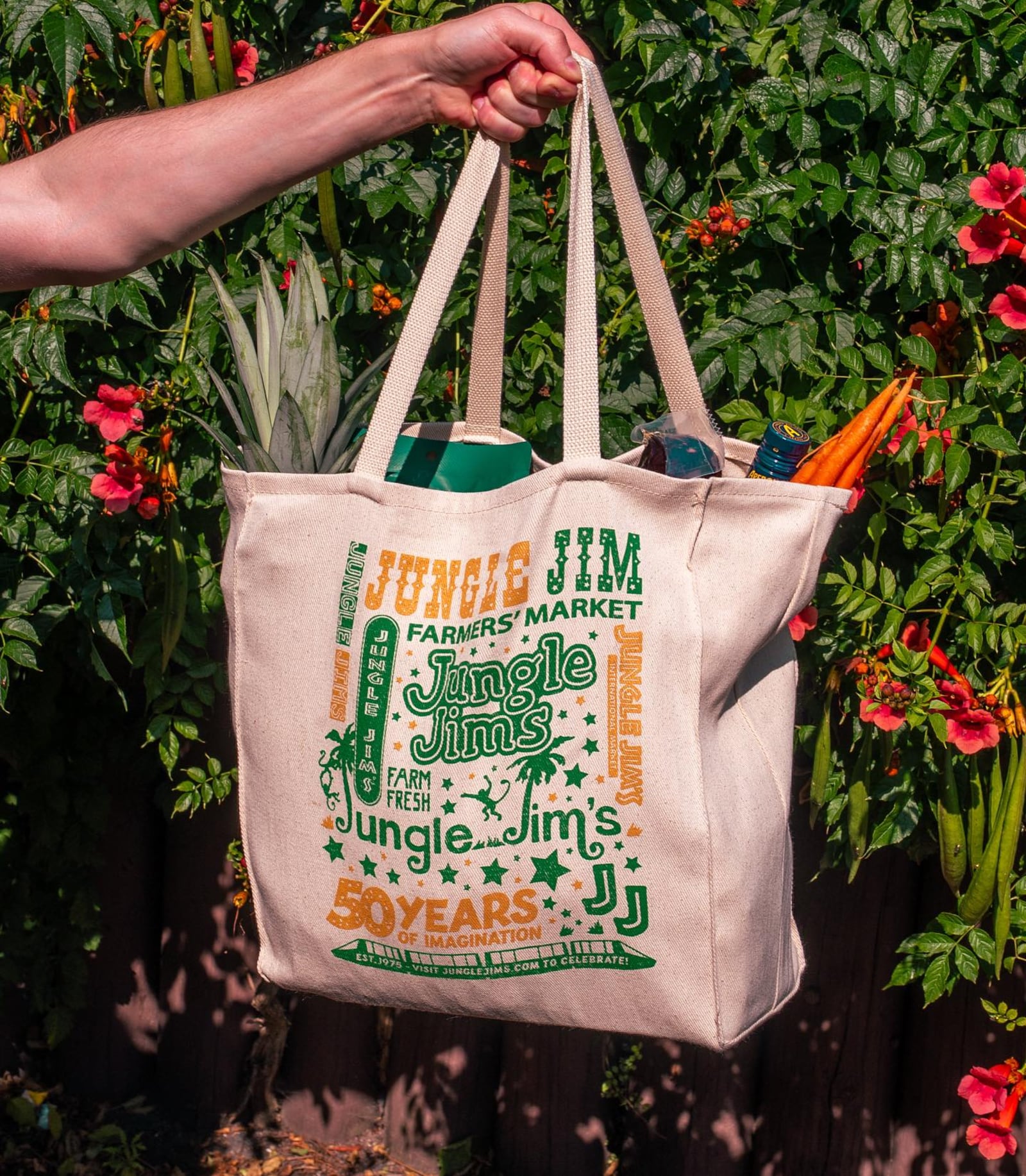 A cloth tote bag with all the Jungle Jim's logos through the years was created for the 50th anniversary celebration. JUNGLE JIM'S INTERNATIONAL MARKET/CONTRIBUTED