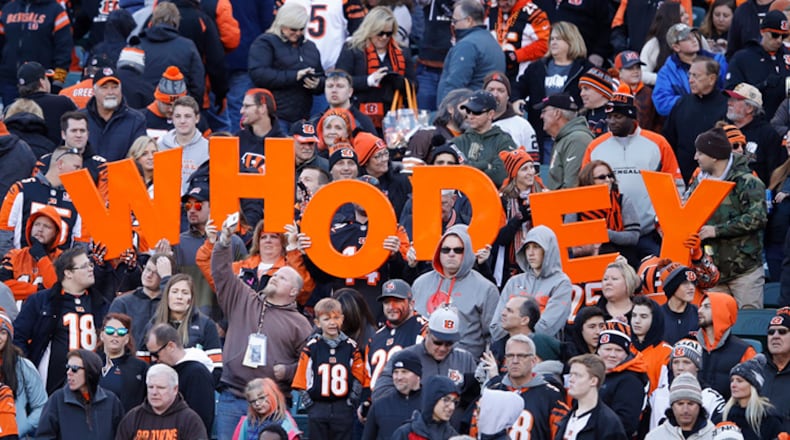 CINCINNATI, OH - NOVEMBER 26: Cincinnati Bengals fans are seen in the second half of a game against the Cleveland Browns at Paul Brown Stadium on November 26, 2017 in Cincinnati, Ohio. The Bengals won 30-16. (Photo by Joe Robbins/Getty Images)