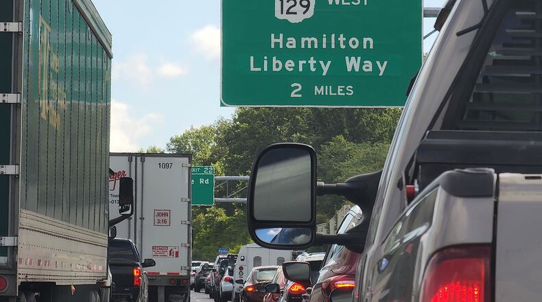 Traffic is sitting on Ohio 129 headed west to I-75 due to a crash in the interstate Tues., Aug. 16, 2022. NICK GRAHAM/STAFF>