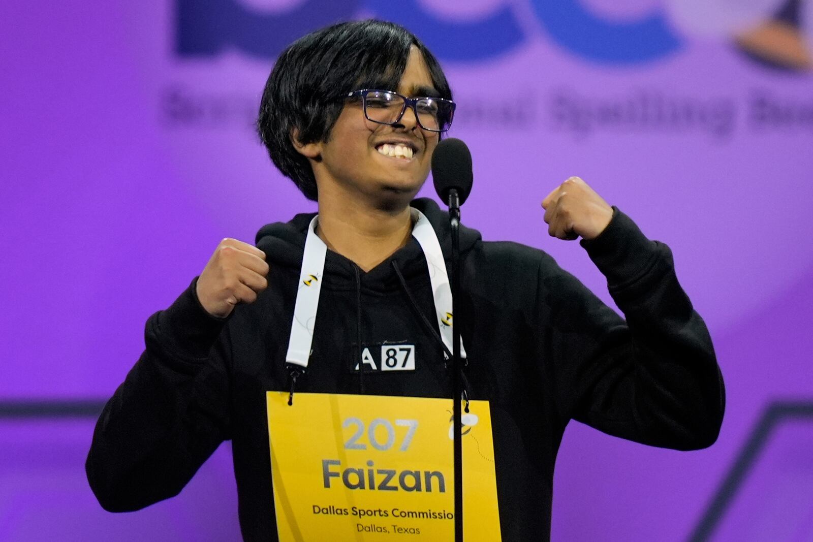 Faizan Zaki, 13, of Dallas, reacts as he wins the 2025 Scripps National Spelling Bee, Thursday, May 29, 2025, in Oxon Hill, Md. (AP Photo/Julia Demaree Nikhinson)