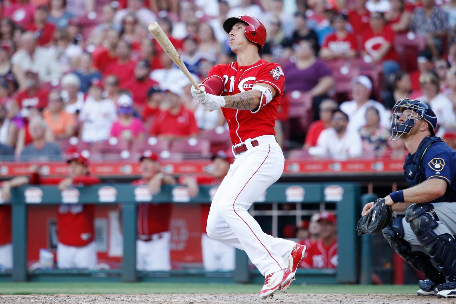 CINCINNATI, OH - JUNE 30: Michael Lorenzen #21 of the Cincinnati Reds hits a grand slam home run while pinch hitting in the seventh inning against the Milwaukee Brewers at Great American Ball Park on June 30, 2018 in Cincinnati, Ohio. (Photo by Joe Robbins/Getty Images)